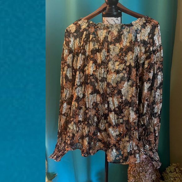 New Free People Woven Boho Top Button Shirt BlouseGold Accents Long Sl S Floral - Picture 3 of 7